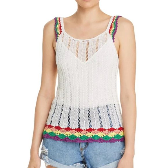 AQUA Open Stitch Crochet Rainbow Trim Tank Top - Small - NWT - Picture 1 of 8